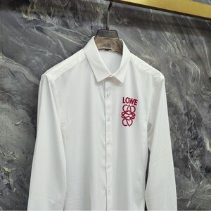 LOEWE White Men's Long-Sleeve Button-Down Shirt with Red Logo